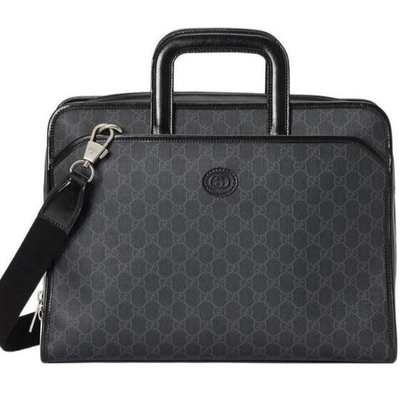 Authentic Gucci GG Supreme Briefcase Monogram Medium Messenger Bag Black Mens - Picture 1 of 12